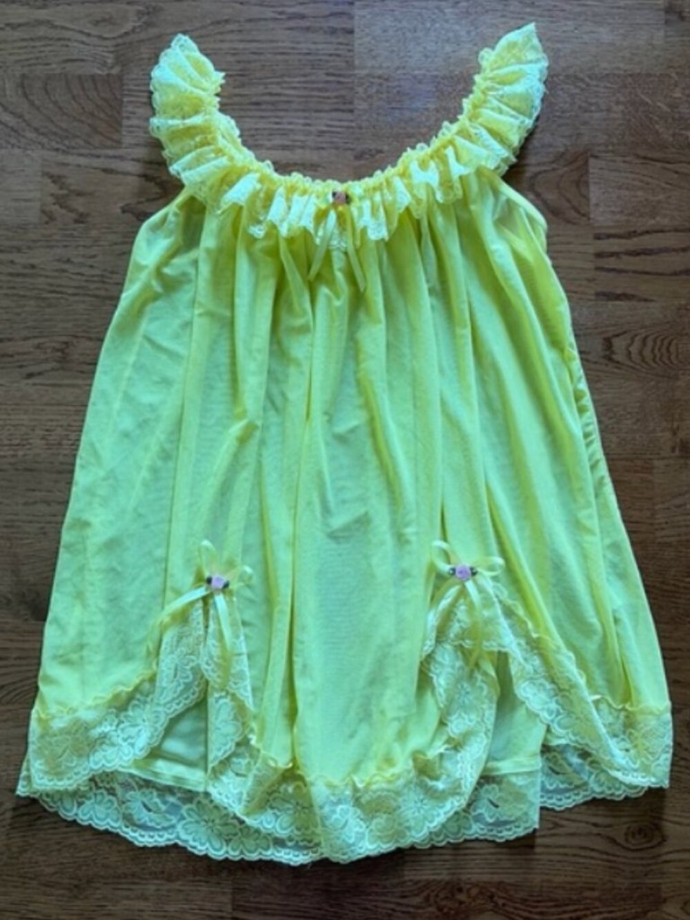 Yellow Babydoll Mini Dress Ruffle Lace Slip Nightgown Bow Mesh Chiffon Princess
